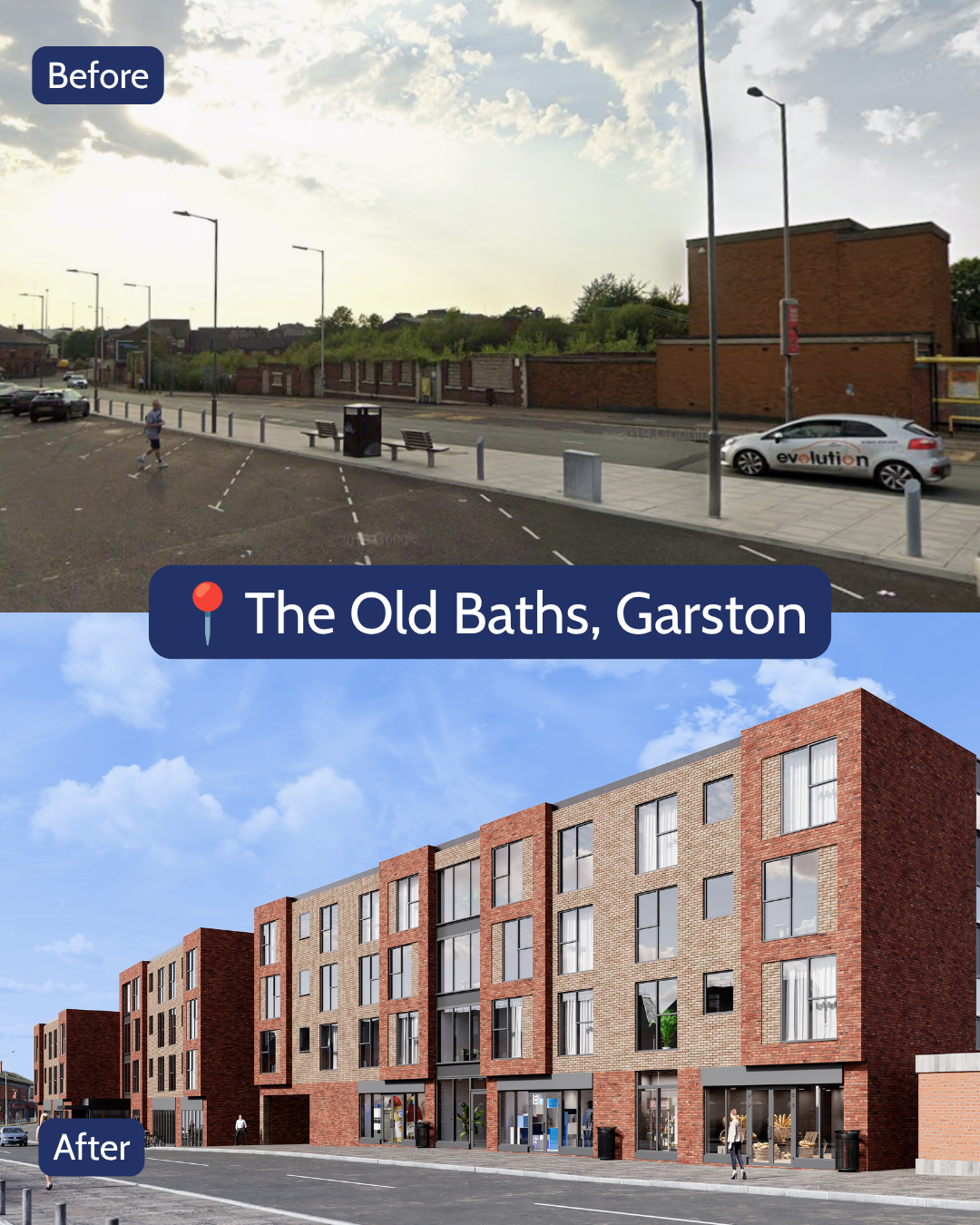 Before and after images of The Old Baths site in Garston, showing a long-vacant landmark transformed into apartments and retail space.